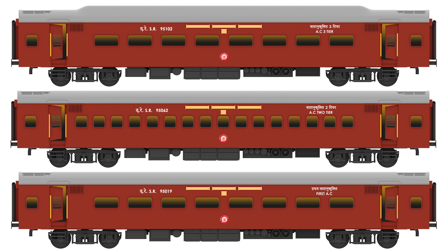PRE-ORDER: ICF First AC+AC 2 Tier+AC 3 Tier, HO Scale - Classic Maroon, Premium, pack of 3