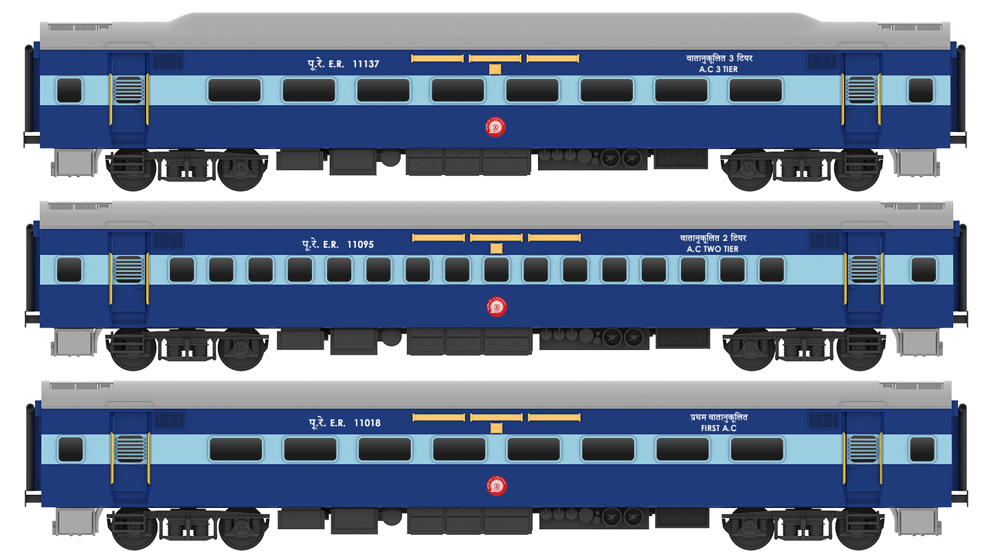 PRE-ORDER: ICF First AC+AC 2 Tier+AC 3 Tier, HO Scale - Blue, Standard, pack of 3