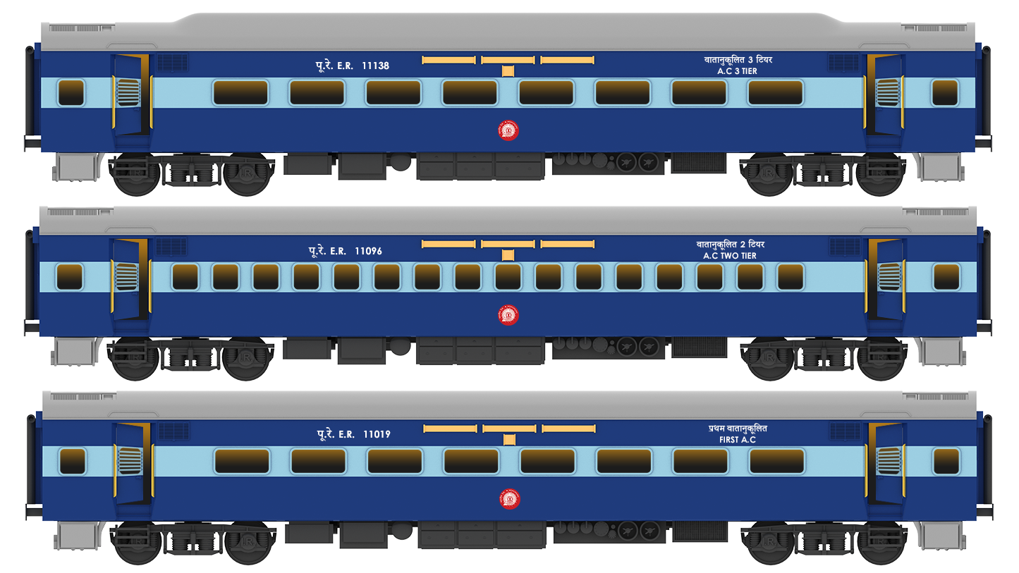 PRE-ORDER: ICF First AC+AC 2 Tier+AC 3 Tier, HO Scale - Blue, Premium, pack of 3